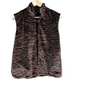 Wooly Bully Wear Faux Fur Tiger Print Vest Women Large Classic Brown Cozy Winter